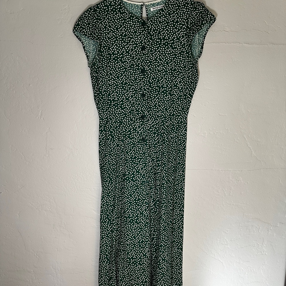 Reformation Fauna Green Polka Dot Midi Dress
